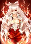  fire fujiwara_no_mokou highres long_hair red_eyes ribbon sashimi_(adam026) slit_pupils smile solo suspenders touhou white_hair 