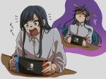  1girl ado_(utaite) blue_eyes chando_(ado) closed_eyes collared_shirt commentary_request dress_shirt highres keeko_(kk_0012) mole mole_under_eye nintendo_switch open_mouth shirt sweat teeth upper_teeth_only utaite white_shirt 