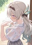  1girl absurdres blush bra bra_visible_through_clothes breasts brown_hairband commentary_request day firefly_(honkai:_star_rail) firefly_(spring_missive)_(honkai:_star_rail) from_above green_bra grey_hair grey_skirt hairband highres hobio honkai:_star_rail honkai_(series) large_breasts long_hair official_alternate_costume parted_lips purple_eyes see-through_clothes see-through_shirt shirt skirt solo underwear wet wet_clothes wet_shirt white_shirt 