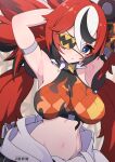  1girl alternate_breast_size_(larger) animal_ears armpits arms_up bare_shoulders bear_ears black_hair black_streaks blue_eyes breasts commentary cosplay crop_top english_commentary eyepatch fake_animal_ears flame_print hair_ornament hakos_baelz hololive hololive_english jdpr koleda_belobog koleda_belobog_(cosplay) large_breasts long_hair looking_at_viewer midriff mouse_girl multicolored_hair navel pants red_hair solo sphere_hair_ornament streaked_hair twintails virtual_youtuber white_hair zenless_zone_zero 