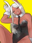  1girl absurdres animal_ears argo_rf bare_shoulders between_breasts black_leotard black_necktie boku_no_hero_academia breasts bunny_day clothes_between_breasts dark-skinned_female dark_skin detached_collar english_commentary feet_out_of_frame gloves hand_up highleg highleg_leotard highres large_breasts leotard long_eyelashes long_hair looking_at_viewer mirko necktie necktie_between_breasts parted_bangs parted_lips rabbit_ears rabbit_girl red_eyes signature sitting smile solo spread_legs strapless strapless_leotard taut_leotard thick_thighs thighs toned toned_female very_long_hair white_gloves white_hair yellow_background 