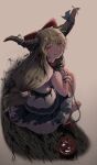  1girl absurdres alcohol barefoot belt blue_ribbon bow chain commentary_request cup full_body hair_bow hair_ornament half-closed_eyes highres horn_ornament horn_ribbon horns ibuki_suika igarashi_yuusuke_(wabisabi_buriki) long_hair looking_at_viewer low-tied_long_hair nose oni red_bow ribbon sakazuki sake shirt simple_background sitting skirt sleeveless sleeveless_shirt smile solo touhou very_long_hair white_shirt wrist_cuffs 