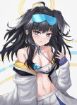  1girl absurdres animal_ears bare_shoulders black_hair blue_archive blue_eyes blue_skirt blue_sports_bra breasts cheerleader cleavage closed_mouth collarbone commentary dog_ears dog_girl english_commentary eyewear_on_head facial_mark halo hibiki_(blue_archive) hibiki_(cheer_squad)_(blue_archive) highres jacket light_blush long_hair looking_at_viewer messy_hair mixed-language_commentary navel off_shoulder open_clothes open_jacket pleated_skirt sidelocks skirt sleeves_past_wrists small_breasts smile solo split_mouth sports_bra star_(symbol) star_facial_mark stomach two-tone_skirt two-tone_sports_bra white_background white_jacket white_skirt white_sports_bra wrightia yellow_halo 