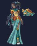  1girl absurdres alternate_costume armor black_hair blue_eyes blue_eyeshadow blue_hair blue_skirt braid braided_ponytail breasts cleavage commentary cosplay dark-skinned_female dark_skin drednaw drednaw_(cosplay) ear_piercing english_commentary eyeshadow gloves hair_bun hair_ornament highres lilroundpumpkin long_hair makeup multicolored_hair nessa_(pokemon) piercing pokemon pokemon_sword_and_shield shoulder_armor single_glove single_hair_bun skirt solo strapless turtleneck two-tone_hair 