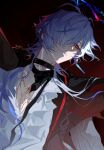  1boy arknights arknights:_endfield bandaged_neck bandages bishounen body_chain char_(arknights) chinese_commentary closed_mouth commentary_request crystal_earrings earrings grey_hair hair_over_one_eye halo head_tilt highres jewelry looking_to_the_side male_focus one_eye_covered poet_shirt pointy_ears red_eyes scar scar_on_neck shirt single_earring smile solo spiked_halo upper_body vampire white_shirt xuanfananchun 