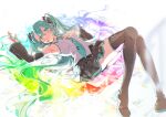  1girl absurdres armpits bare_shoulders black_boots black_skirt black_sleeves blush boots cccccchensilu closed_mouth collared_shirt commentary_request detached_sleeves double-parted_bangs full_body green_eyes green_hair green_necktie grey_shirt hair_between_eyes hair_spread_out hatsune_miku highres knees_up long_hair long_sleeves lying miniskirt multicolored_hair necktie on_back pleated_skirt shirt simple_background skirt sleeveless sleeveless_shirt smile solo thigh_boots tie_clip very_long_hair vocaloid white_background wide_sleeves 