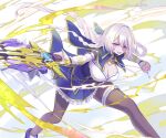  1girl assault_lily blue_capelet blue_shirt blue_skirt boots braid braided_ponytail breasts brown_pantyhose capelet cleavage commentary detached_sleeves energy feet_out_of_frame floating_hair frilled_skirt frills grey_background grey_hair hair_between_eyes hands_up holding holding_sword holding_weapon itou_urara large_breasts layered_sleeves legs_apart long_hair long_sleeves looking_at_viewer mila_(yuta27315) miniskirt multicolored_boots multiple_braids odaiba_girls_high_school_uniform outstretched_arm pantyhose parted_lips pink_eyes purple_boots school_uniform shirt side_braids skirt sleeves_past_wrists solo standing sword thigh_strap tri_braids twitter_username two-tone_background two-tone_boots two-tone_shirt untranslatable_commentary v-shaped_eyebrows very_long_hair weapon white_background white_boots white_shirt 