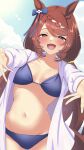  1girl absurdres animal_ears bikini blue_bikini blue_bow blue_eyes blush bow braid breasts brown_hair cloud collarbone commentary_request day ear_bow hair_between_eyes hi_ch_mng highres horse_ears horse_girl horse_tail large_breasts long_hair long_sleeves looking_at_viewer multicolored_hair navel open_clothes open_mouth open_shirt outdoors shirt sky smile solo stomach streaked_hair super_creek_(umamusume) swimsuit tail twintails umamusume very_long_hair white_hair white_shirt 