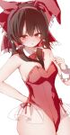  1girl alternate_costume animal_ear_hairband animal_ears blush bow bowtie breasts brown_hair commentary_request covered_navel detached_collar fake_animal_ears frilled_bow frilled_hair_tubes frills hair_bow hair_tubes hairband hakurei_reimu hayuk0 heart heart-shaped_pupils highres leotard long_hair looking_at_viewer open_mouth playboy_bunny rabbit_ear_hairband rabbit_ears red_bow red_bowtie red_eyes red_hairband red_leotard simple_background small_breasts solo strapless strapless_leotard sweat symbol-shaped_pupils thighs touhou white_background 