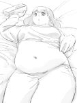  1girl aruru_(rnruru) bed_sheet big_belly blush box breasts commentary_request cowboy_shot double_chin fat greyscale hand_up highres holding holding_box long_sleeves looking_at_viewer looking_down lying medium_breasts medium_hair midriff monochrome navel obese on_bed open_mouth original pants shirt sketch solo stomach thick_thighs thighs 