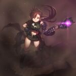  1girl arm_armor armor axe battle_axe belt black_belt black_boots boots breasts brown_cape brown_hair brown_shorts cape chest_belt closed_mouth commentary_request crop_top cropped_shirt earrings elf eyelashes frown full_body gauntlets glowing green_eyes green_shirt hair_between_eyes hand_on_own_hip highres holding holding_axe holding_staff jewelry jun_(navigavi) knee_boots light_particles long_hair long_pointy_ears looking_at_viewer medium_breasts midriff navel nose original pauldrons pointy_ears ponytail ribbed_shirt shirt short_shorts shorts shoulder_armor single_pauldron sleeveless sleeveless_shirt solo sparkle staff standing thighs weapon 
