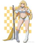  1girl bare_shoulders belt blonde_hair boots breasts brown_eyes checkered_background cleavage commentary_request detached_sleeves full_body grey_background hands_up high_heel_boots high_heels highres holding holding_pole infinite_moppy knee_boots large_breasts long_hair looking_at_viewer micro_shorts navel official_alternate_costume panty_straps partial_commentary pole race_flag race_queen revision shokuhou_misaki short_shorts shorts simple_background smile solo sparkling_eyes stomach toaru_kagaku_no_mental_out toaru_kagaku_no_railgun toaru_majutsu_no_index two-tone_background very_long_hair white_background white_boots white_shorts white_sleeves yellow_belt zipper_pull_tab zipper_top 