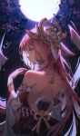  1girl animal_ears armpit_crease artist_name back bare_shoulders breasts commentary dark detached_sleeves earrings fox_ears from_behind genshin_impact headpiece highres jewelry long_hair looking_at_viewer looking_back making-of_available moon night nontraditional_miko outdoors pink_hair purple_eyes pyampom solo tree upper_body white_sleeves yae_miko 