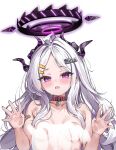  1girl absurdres against_glass ahoge animal_collar bandaid bandaid_on_arm blue_archive blush breast_press breasts breasts_on_glass censored character_name collar collarbone commentary_request embarrassed hair_ornament hairclip halo highres hina_(blue_archive) horns long_hair looking_at_viewer multiple_horns name_tag_hair_ornament nekoya_minamo nude open_mouth parallel_hairclips parted_bangs purple_eyes simple_background small_breasts solo upper_body wet white_background white_hair 