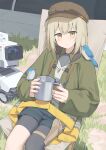  1girl absurdres animal animal_on_arm animal_on_shoulder arknights bird bird_on_arm bird_on_shoulder black_pantyhose black_shorts blonde_hair blue_bird blush brown_hat camera closed_mouth commentary_request commission cowboy_shot day drink flat_cap grass green_jacket hat hat_ornament highres holding holding_drink hotarihotaru jacket lens_(arknights) long_sleeves looking_at_viewer official_alternate_costume outdoors pantyhose plant robot scene_(arknights) scene_(unseen_terrain)_(arknights) short_hair shorts single_leg_pantyhose sitting skeb_commission solo star_(symbol) star_hat_ornament white_bird yellow_eyes 
