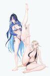  2girls absurdres areola_slip barefoot black_bra black_panties blonde_hair blue_eyes blue_hair blue_shrug blush bra breasts colored_inner_hair commentary_request facial_mark forehead_mark hair_intakes hair_ornament hair_stick highres holding_own_leg hooded_shrug large_breasts leg_up long_hair looking_at_viewer multicolored_hair multiple_girls navel panties shrug_(clothing) siblings side-tie_panties simple_background sisters split standing standing_on_one_leg standing_split suisui_(wuthering_waves) tacet_mark_(wuthering_waves) toes underwear very_long_hair white_background wuthering_waves yangyang_(wuthering_waves) yangyang_(xuanling)_(wuthering_waves) yellow_eyes zing_(zingart) 