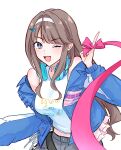  1girl :d ;d bare_shoulders blue_jacket blush breasts brown_hair commentary crop_top cropped_shirt earrings finger_ribbon fujishima_megumi grey_skirt hairband heart heart_earrings highres jacket jewelry long_hair long_sidelocks long_sleeves looking_at_viewer love_live! love_live!_hasu_no_sora_jogakuin_school_idol_club medium_breasts midriff off_shoulder one_eye_closed open_clothes open_jacket open_mouth pink_ribbon pinky_out purple_eyes ribbon shirt sidelocks simple_background skirt sleeveless sleeveless_shirt smile solo star_(symbol) star_earrings tomodachi_ni_nareru_basho untranslatable_commentary upper_body virtual_youtuber white_background white_hairband white_shirt zangemiya 