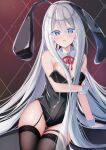  1girl animal_ears bare_shoulders black_leotard black_thighhighs blue_eyes breasts bunny_day commentary_request cvrelease detached_collar fake_animal_ears hair_between_eyes highres leotard long_hair long_hair_between_eyes looking_at_viewer open_mouth playboy_bunny project_sekai rabbit_ears small_breasts solo strapless strapless_leotard thighhighs thighs very_long_hair yoisaki_kanade 