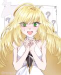  1girl ? @_@ armpit_crease artist_name bare_shoulders big_hair blonde_hair blush border collarbone commentary_request green_eyes highres long_hair looking_at_viewer lusamine_(pokemon) messy_hair omi_(minminkubi) open_mouth outside_border own_hands_together pokemon pokemon_sun_and_moon solo straight-on sweatdrop twitter_username upper_body wavy_hair white_border 