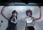  2girls bird black_hair black_skirt blunt_bangs car_trunk catcellic chainsaw_man choker cloud cloudy_sky collared_shirt deltoids eyelashes fourth_east_high_school_uniform green_eyes hair_between_eyes highres long_sleeves looking_at_viewer mitaka_asa multiple_girls neck_ribbon parted_lips ponytail purple_hair reze_(chainsaw_man) ribbon school_uniform shirt skirt sky tank_top too_many too_many_birds twintails 
