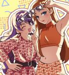  2girls :d ;d adjusting_eyewear ageha_mia arm_up armpits belt belt_buckle blue_eyes blush bow_print brown_belt brown_hair buckle commentary_request cowboy_shot crop_top cropped_shirt dress earrings eyewear_on_head hand_on_own_hip highres hoop_earrings hye_in_(pretty_rhythm) index_finger_raised jewelry long_hair looking_at_viewer midriff multiple_girls navel one_eye_closed open_mouth orange_shirt orange_skirt pretty_rhythm pretty_rhythm_dear_my_future pretty_series purple_eyes purple_hair red_dress seihakumai shirt skirt sleeveless sleeveless_shirt smile star_(symbol) star_print sunglasses yellow_background 