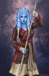 1girl absurdres alien artist_name blue_eyes blue_skin brown_gloves chagrian colored_skin fingerless_gloves gloves highres holding holding_staff john_becaro looking_at_viewer solo staff star_wars web_address 