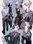  1boy amethio_(pokemon) black_gloves black_pants black_shoes bright_pupils ceruledge chibi closed_mouth collared_shirt commentary_request copituji gloves grey_shirt highres holding holding_poke_ball jacket male_focus multicolored_hair multiple_views pants poke_ball poke_ball_(basic) pokemon pokemon_(anime) pokemon_(creature) pokemon_horizons purple_eyes shirt shoes short_hair sparkle standing two-tone_hair vest white_pupils 
