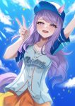  1girl absurdres animal_ears baseball_cap baseball_jersey blue_sky blush breasts collarbone commentary_request ears_through_headwear hat highres horse_ears horse_girl horse_tail jersey korean_commentary layer_(layer_illust) long_hair mejiro_mcqueen_(let's_go!_yes!?)_(umamusume) mejiro_mcqueen_(umamusume) official_alternate_costume open_mouth orange_skirt purple_eyes purple_hair shirt short_sleeves skirt sky small_breasts smile solo sweat tail umamusume v 