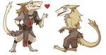 &lt;3 ambiguous_gender anthro armor barefoot blue_eyes brown_fur chibi claws cute digitigrade duo fur gaddet male murcifer open_mouth plain_background plantigrade purple_eyes ralban scar sergal simple_background southern standing tan_fur toe_claws tongue tongue_out topless white_background 