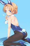  1girl animal_ears arm_support backless_leotard black_pantyhose blonde_hair blue_background blue_bow blue_eyes blue_leotard blue_shoes bow commentary_request detached_collar fake_animal_ears fake_tail from_behind girls_und_panzer heart high_heels kneeling leotard looking_at_viewer orange_pekoe_(girls_und_panzer) pantyhose playboy_bunny rabbit_ears rabbit_tail shimada_fumikane shoes solo strapless strapless_leotard tail white_wrist_cuffs wrist_cuffs 