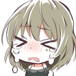  >_< 1girl blush chibi commentary_request crying dress facing_viewer furrowed_brow green_dress green_hair idolmaster idolmaster_cinderella_girls lowres medium_hair mole mole_under_eye nose_blush open_mouth portrait pumomo_(saito80276259) sidelocks simple_background solo takagaki_kaede tears variant_set white_background 
