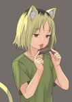  1girl :3 animal_ear_fluff animal_ears black_hair blonde_hair cat_ears cat_girl cat_tail closed_mouth commentary_request drugs etsushimaru_yakuko green_eyes green_shirt grey_background highres joint_(drug) marijuana multicolored_hair parted_bangs rolling_paper roots_(hair) shirt short_hair short_sleeves simple_background solo syagare t-shirt tail tongue tongue_out wide_sleeves yani_neko 