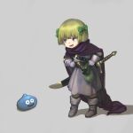  1girl :d bag belt black_belt blonde_hair blue_eyes bob_cut boots bow cape chest_belt child commentary_request dragon_quest dragon_quest_v dress full_body gloves green_bag green_bow grey_background grey_boots grey_dress grey_gloves hair_bow hands_on_own_hips hero's_daughter_(dq5) highres jun_(navigavi) lower_teeth_only making-of_available multiple_hair_bows open_mouth purple_cape scabbard shadow sheath short_hair slime_(creature) slime_(dragon_quest) smile standing sword teeth weapon 