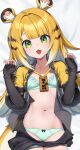  1girl absurdres animal_ear_fluff animal_ears bed_sheet black_shirt blonde_hair bra breasts collarbone colored_inner_hair commentary_request dakimakura_(medium) elbow_gloves fingerless_gloves gloves green_bra green_eyes green_panties highres jacket ju_fufu lo_xueming long_hair looking_at_viewer lying multicolored_hair navel on_back on_bed open_clothes open_mouth open_shirt panties shirt small_breasts solo striped_fur striped_hair tail tiger_ears tiger_girl tiger_stripes tiger_tail underwear white_hair yellow_jacket zenless_zone_zero 
