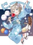  1girl :d animal_ears arm_up blue_kimono bow brown_hair candy_apple cat_ears cat_girl cat_tail chocolate-covered_food chocolate_banana clenched_hand commentary_request fang flower food full_body green_eyes hair_bow hair_flower hair_ornament highres holding holding_food japanese_clothes kimono long_hair long_sleeves original sandals smile solo sparkle tail tail_bow tail_ornament tantan_men_(dragon) translation_request very_long_hair water_yoyo white_bow white_flower white_sandals wide_sleeves zouri 