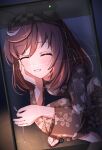  1girl absurdres animal_ears blush braid breasts brown_hair brown_kimono buena_vista_(umamusume) cellphone checkered_hairband closed_eyes commentary_request eakon_7bit fireworks grin hair_between_eyes hairband hand_on_own_cheek hand_on_own_face highres holding holding_fireworks horse_ears horse_girl japanese_clothes kimono medium_hair open_mouth phone sandals smartphone smile solo squatting taking_picture teeth umamusume yukata 