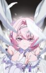  1girl absurdres bare_shoulders blush breasts bridal_gauntlets cleavage commentary_request detached_sleeves dress falling_feathers feathered_wings feathers gyingyi hair_intakes hair_ornament hand_on_own_chest highres large_breasts looking_at_viewer medium_hair multicolored_eyes pink_eyes pink_hair pointy_ears purple_nails remielle_dan smile solo straight-on two-tone_eyes upper_body white_dress white_feathers white_wings wings yellow_eyes zenless_zone_zero 