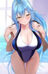 1girl absurdres bare_shoulders blue_hair blue_one-piece_swimsuit blush breasts cleavage commentary cowboy_shot elf highres hololive large_breasts long_hair long_pointy_ears one-piece_swimsuit pointy_ears solo swimsuit untranslatable_commentary virtual_youtuber waniwani_(wasabiwaniwani) white_one-piece_swimsuit yukihana_lamy 