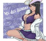  1girl black_hair blue_eyes boots breasts coat commentary cowboy_hat crop_top cross-laced_clothes cross-laced_top hat highres huaronanago large_breasts looking_at_viewer medium_hair midriff nico_robin one_piece purple_shirt shirt smile solo white_boots white_coat white_hat 