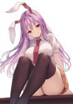  1girl animal_ears black_thighhighs breasts closed_mouth collared_shirt commentary_request dress_shirt feet_out_of_frame head_tilt highres knees_up large_breasts long_hair looking_at_viewer miniskirt necktie orange_skirt purple_hair rabbit_ears rabbit_girl red_eyes red_necktie reisen_udongein_inaba shirt short_sleeves simple_background sitting skirt smile solo thighhighs thighs touhou upskirt very_long_hair white_background white_shirt xialuluo_(sharuro) 