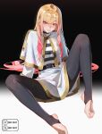  1girl absurdres blunt_bangs capelet cosplay feet frieren frieren_(cosplay) gradient_background gradient_hair highres instagram_username izei1337 kitagawa_marin legs logo long_hair looking_at_viewer multicolored_hair no_shoes red_eyes sitting solo sono_bisque_doll_wa_koi_wo_suru sousou_no_frieren spread_legs stirrup_legwear toeless_legwear toenails toes twitter_username two-tone_hair white_capelet 