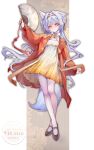  1girl absurdres animal_ears arm_up breasts chinese_clothes cloth_shoes coat commentary_request flat_chest fox_ears fox_tail grey_hair hand_fan hanfu highres long_hair looking_at_viewer original pantyhose qixiong_ruqun small_breasts solo tachi-e tail white_hair white_pantyhose yinber 
