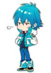  1boy belt black_shirt blue_belt blue_hair blue_jacket blue_pants brown_eyes closed_mouth commentary_request deformed dramatical_murder full_body headphones headphones_around_neck jacket kuwa_ayase male_focus pants seragaki_aoba shirt short_hair simple_background solo standing t-shirt white_background 