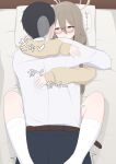  1boy 1girl absurdres akane_(blue_archive) akane_(school_uniform)_(blue_archive) black_hair black_pants blue_archive brown_cardigan brown_eyes brown_hair brown_halo cardigan commentary_request glasses grin halo highres hug kneehighs long_hair looking_at_another makkura! missionary official_alternate_costume on_bed pants sensei_(blue_archive) shirt short_hair sleeves_past_wrists smile socks white_shirt white_socks 