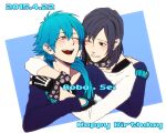  2boys black_hair blue_shirt blush brown_eyes character_name commentary_request dated dramatical_murder happy happy_birthday hug hug_from_side kuwa_ayase long_hair long_sleeves looking_at_another male_focus medium_hair multiple_boys one_eye_closed sei_(dramatical_murder) seragaki_aoba shirt simple_background smile teeth watch white_background wristwatch 