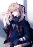  1boy absurdres adam's_apple adapted_costume alternate_costume arm_up bag bakugou_katsuki black_bag blonde_hair blue_jacket blue_shirt boku_no_hero_academia boku_no_hero_academia_2nd_popularity_poll bracelet check_clothing clothes_writing clothing_request collared_shirt colored_lineart commentary_request dotted_line drawstring earrings english_text eyes_visible_through_hair facial_hair fang fashion feathers from_side fur-trimmed_hood fur-trimmed_jacket fur_trim grey_background hand_in_pocket high_collar highres hood hood_up jacket jewelry male_focus multiple_necklaces nao_(n_sai_ao) necklace open_clothes open_jacket open_mouth partial_commentary pattern_request pocket print_jacket profile red_eyes red_jacket revision ring shirt short_hair sideburns_stubble sidelighting sleeves_rolled_up solo spiked_hair stubble teeth three-quarter_sleeves tongue tongue_out tooth_earrings tooth_necklace triangle_print two-sided_fabric two-sided_jacket unzipped upper_body upper_teeth_only zipper zipper_pull_tab 