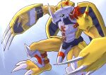  absurdres armor claw_(weapon) commentary digimon digimon_(creature) dragon green_eyes highres horns red_eyes short_hair taku-an01 wargreymon weapon 