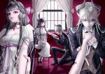  1boy 1girl black_choker black_hair black_horns black_pants black_shoes black_skirt blue_eyes blue_necktie bow butler chair choker commentary_request demon_girl dress fingernails from_side grey_vest hair_bow high_heels highres horns jewelry long_fingernails long_hair necktie omochi0142 on_one_knee open_mouth original pants pendant pointy_ears purple_bow red_eyes shoes sitting skirt vest white_dress white_hair 
