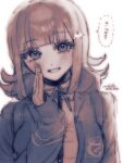  1girl absurdres blush breasts brown_hair collared_shirt commentary_request danganronpa_(series) danganronpa_2:_goodbye_despair flipped_hair grin hair_ornament highres jacket long_sleeves looking_at_viewer medium_hair nanami_chiaki neck_ribbon nelt open_clothes open_jacket pink_eyes pink_ribbon revision ribbon shirt smile solo speech_bubble two-tone_shirt white_shirt 