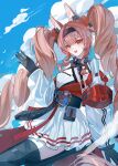  1girl :d absurdres angelina_(arknights) angelina_the_mellow_wish_(arknights) animal_ear_fluff animal_ears arknights black_collar black_gloves black_hairband black_thighhighs blue_sky brown_hair chinese_commentary cloud collar commentary_request cowboy_shot cumulonimbus_cloud day detached_sleeves dress earpiece fox_ears fox_girl gloves hair_between_eyes hairband hand_up highres infection_monitor_(arknights) long_hair long_sleeves looking_at_viewer mercury_(xhs_271054083) multicolored_hairband open_mouth outdoors pleated_dress simple_bird sky smile solo thighhighs twintails two-tone_hairband very_long_hair waving white_dress 